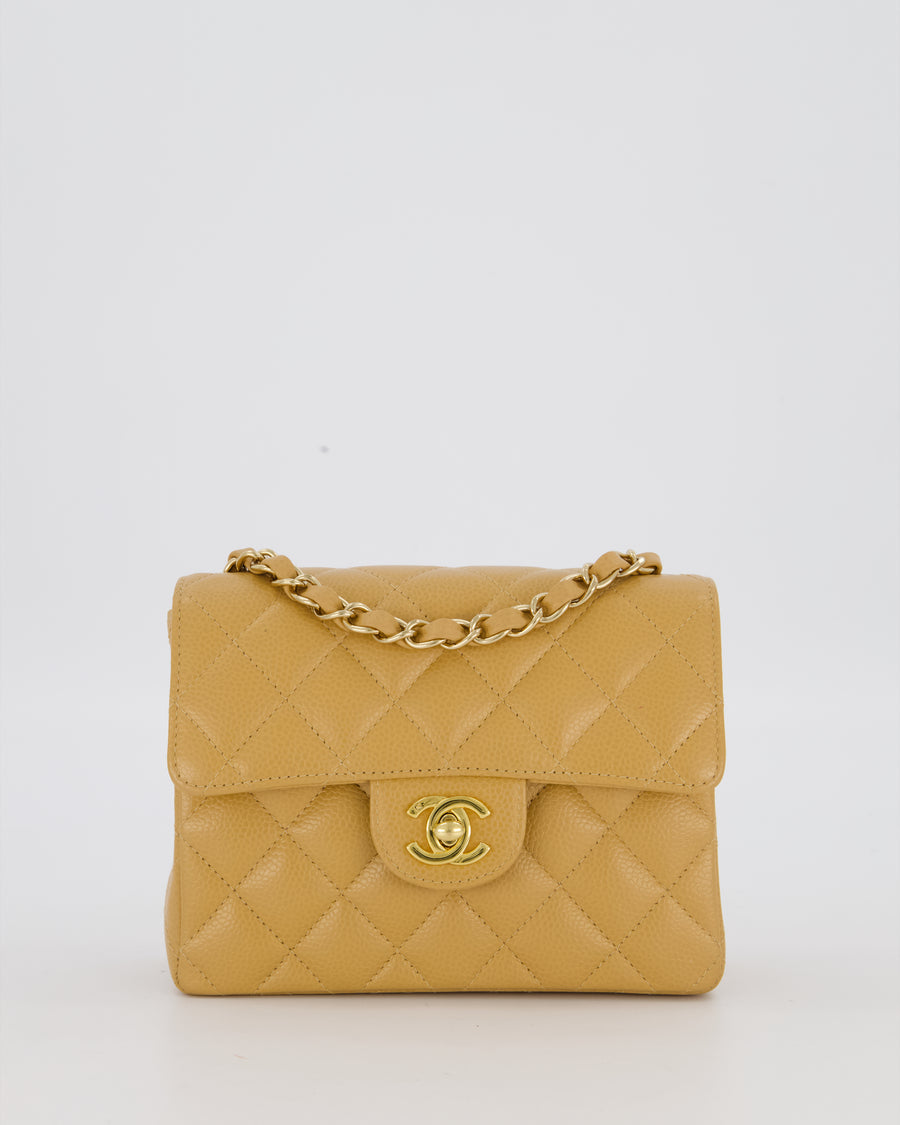 Chanel Beige Claire Vintage Mini Square Single Flap Bag In Caviar Leather With 24K Gold Hardware