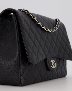 Chanel Black Maxi Classic Single Flap Bag in Caviar Leather with Silver Hardware