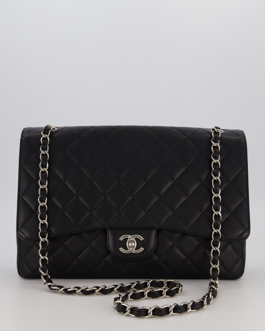 Chanel Black Maxi Classic Single Flap Bag in Caviar Leather with Silver Hardware
