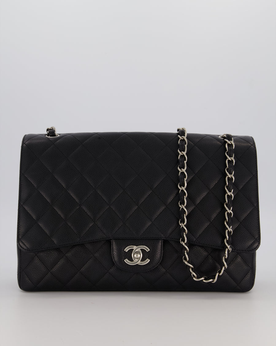 Chanel Black Maxi Classic Single Flap Bag in Caviar Leather with Silver Hardware