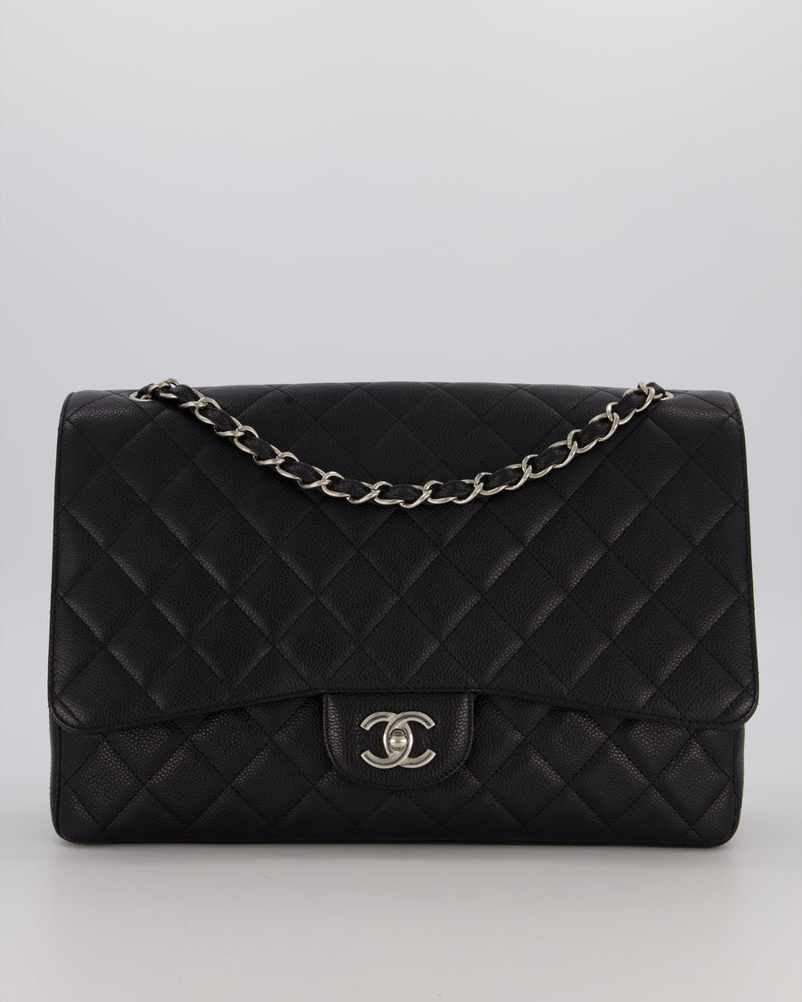 Chanel Black Maxi Classic Single Flap Bag in Caviar Leather with Silver Hardware