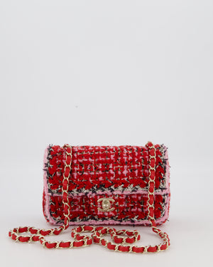 Chanel Red, Pink, White and Black Tweed Mini Rectangular Flap Bag with Champagne Gold Hardware