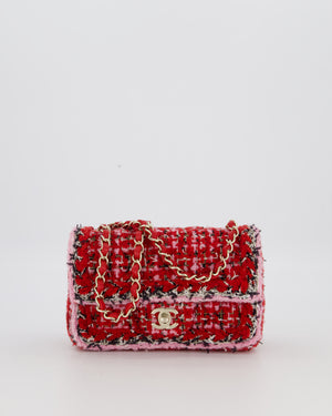 Chanel Red, Pink, White and Black Tweed Mini Rectangular Flap Bag with Champagne Gold Hardware