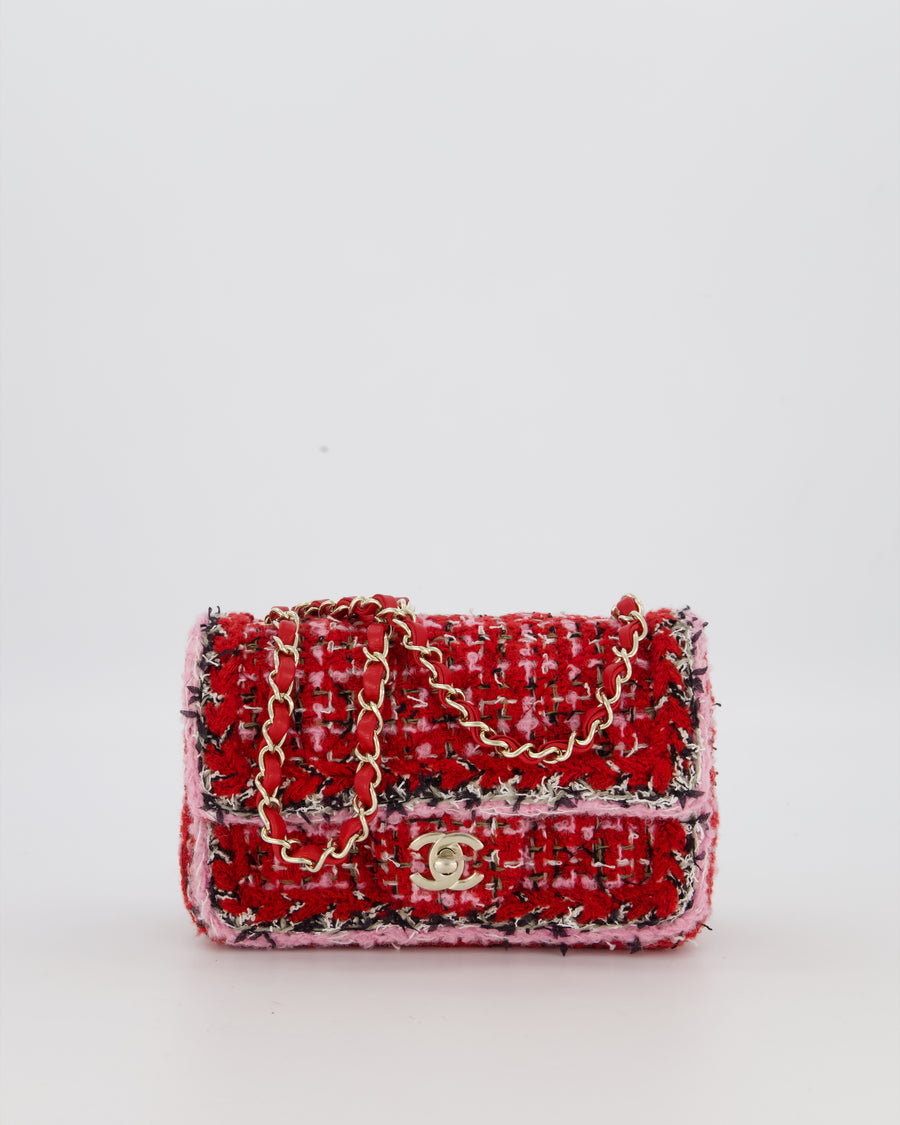 Chanel Red, Pink, White and Black Tweed Mini Rectangular Flap Bag with Champagne Gold Hardware