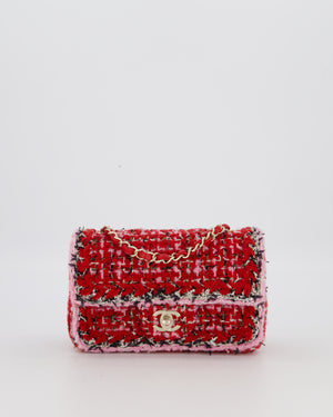 Chanel Red, Pink, White and Black Tweed Mini Rectangular Flap Bag with Champagne Gold Hardware