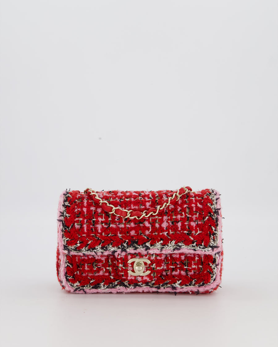 Chanel Red, Pink, White and Black Tweed Mini Rectangular Flap Bag with Champagne Gold Hardware