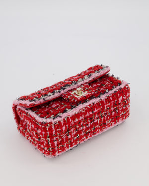 Chanel Red, Pink, White and Black Tweed Mini Rectangular Flap Bag with Champagne Gold Hardware