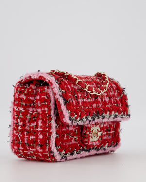 Chanel Red, Pink, White and Black Tweed Mini Rectangular Flap Bag with Champagne Gold Hardware