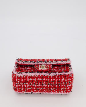 Chanel Red, Pink, White and Black Tweed Mini Rectangular Flap Bag with Champagne Gold Hardware