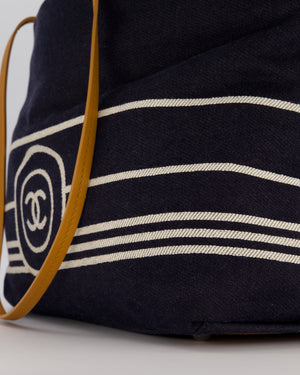 Chanel Navy Large Canvas Tote Bag with White CC Logo Print and Tan Leather Shoulder Straps