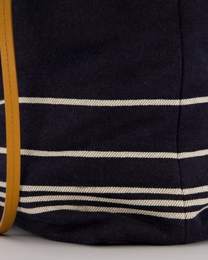 Chanel Navy Large Canvas Tote Bag with White CC Logo Print and Tan Leather Shoulder Straps