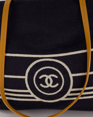 Chanel Navy Large Canvas Tote Bag with White CC Logo Print and Tan Leather Shoulder Straps