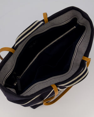 Chanel Navy Large Canvas Tote Bag with White CC Logo Print and Tan Leather Shoulder Straps