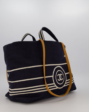 Chanel Navy Large Canvas Tote Bag with White CC Logo Print and Tan Leather Shoulder Straps