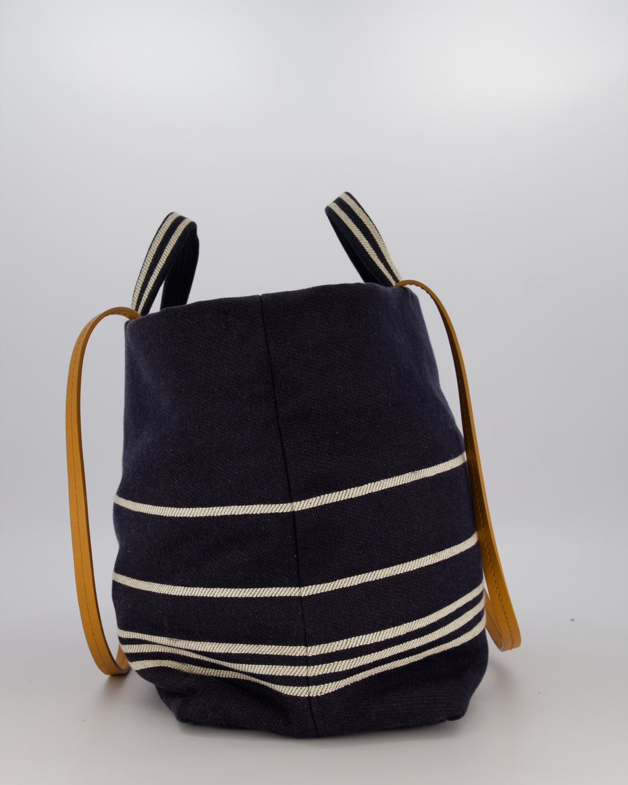 Chanel Navy Large Canvas Tote Bag with White CC Logo Print and Tan Leather Shoulder Straps