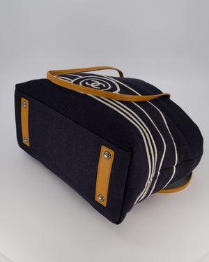 Chanel Navy Large Canvas Tote Bag with White CC Logo Print and Tan Leather Shoulder Straps