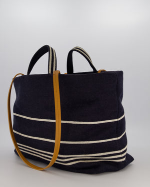 Chanel Navy Large Canvas Tote Bag with White CC Logo Print and Tan Leather Shoulder Straps