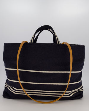 Chanel Navy Large Canvas Tote Bag with White CC Logo Print and Tan Leather Shoulder Straps