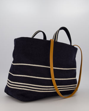 Chanel Navy Large Canvas Tote Bag with White CC Logo Print and Tan Leather Shoulder Straps