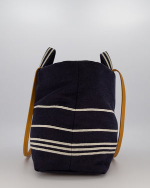 Chanel Navy Large Canvas Tote Bag with White CC Logo Print and Tan Leather Shoulder Straps