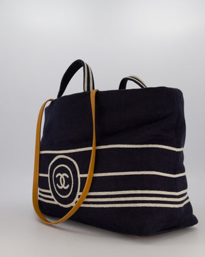 Chanel Navy Large Canvas Tote Bag with White CC Logo Print and Tan Leather Shoulder Straps