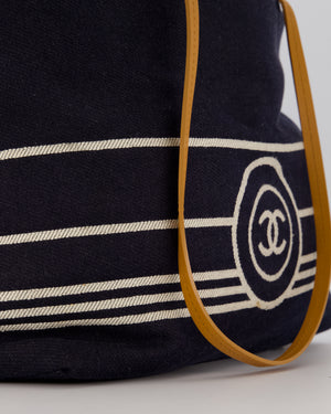 Chanel Navy Large Canvas Tote Bag with White CC Logo Print and Tan Leather Shoulder Straps