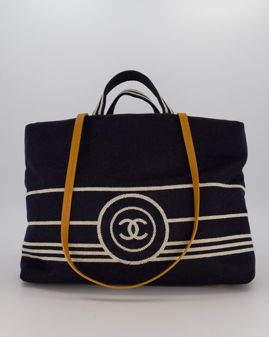 Chanel Navy Large Canvas Tote Bag with White CC Logo Print and Tan Leather Shoulder Straps