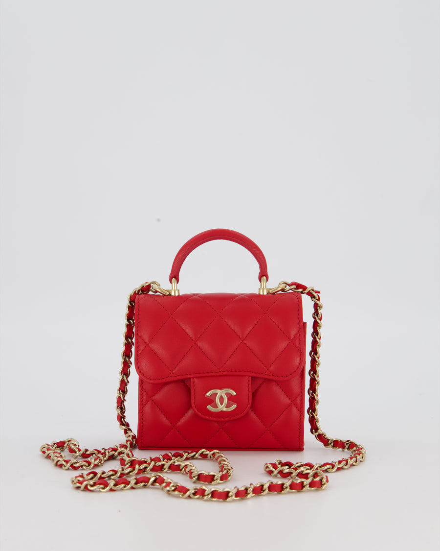 Chanel Red Top Handle Micro Bag in Lambskin Leather with Gold Hardware