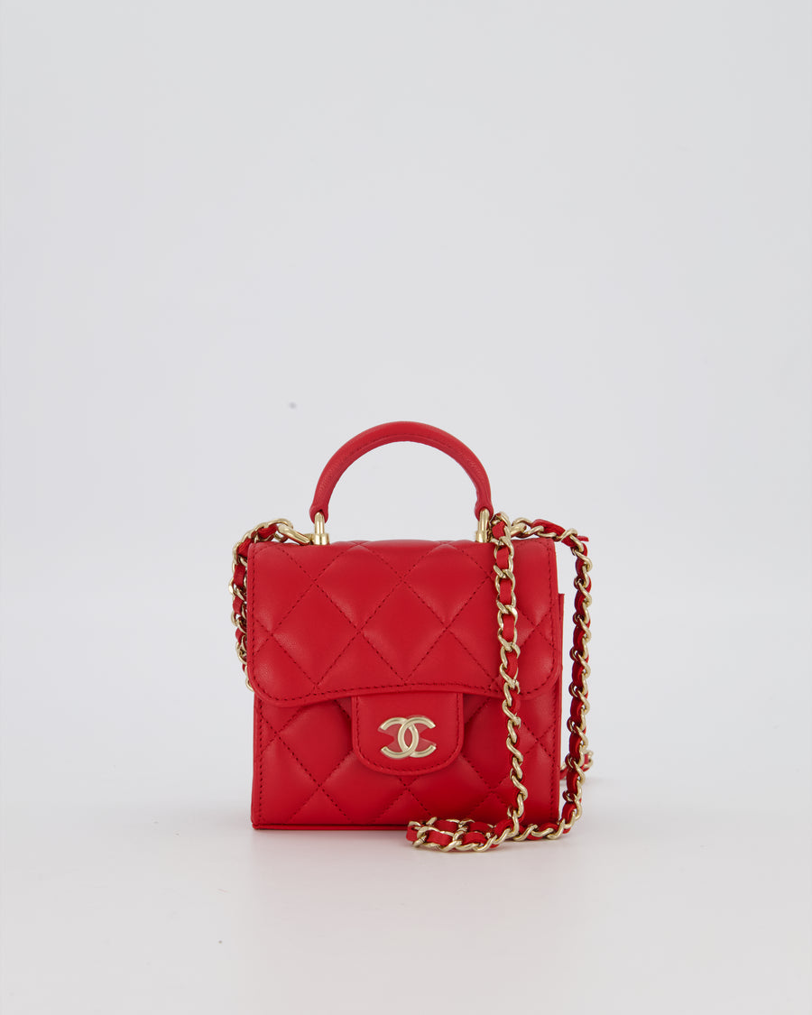 Chanel Red Top Handle Micro Bag in Lambskin Leather with Gold Hardware