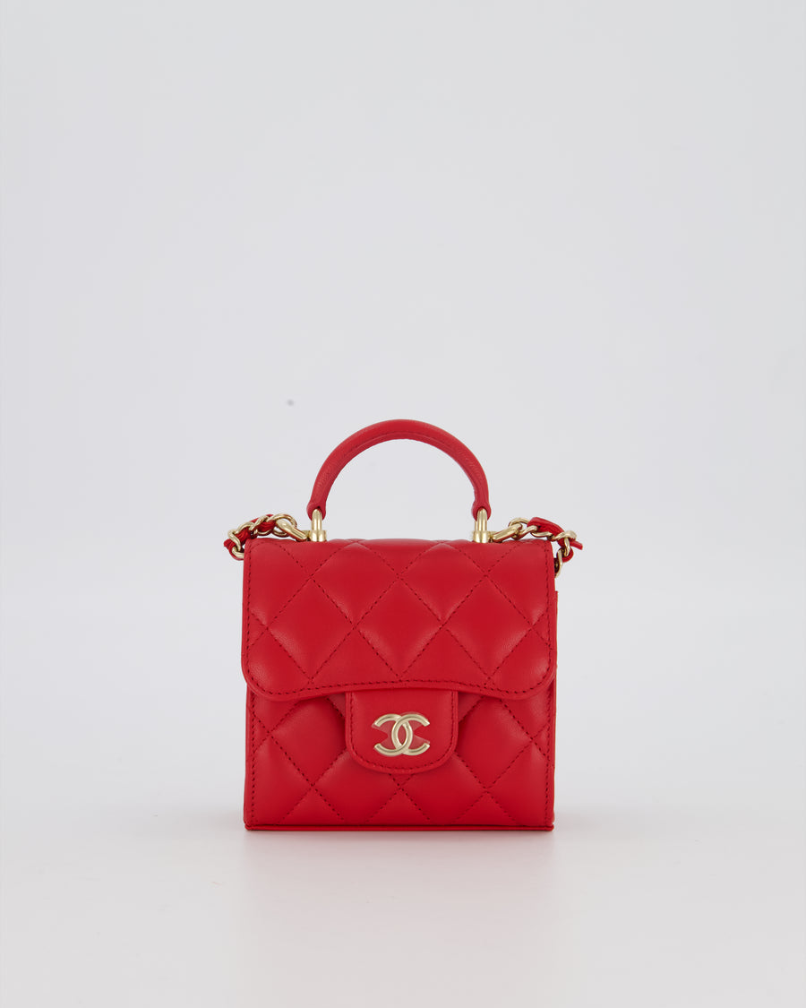 Chanel Red Top Handle Micro Bag in Lambskin Leather with Gold Hardware