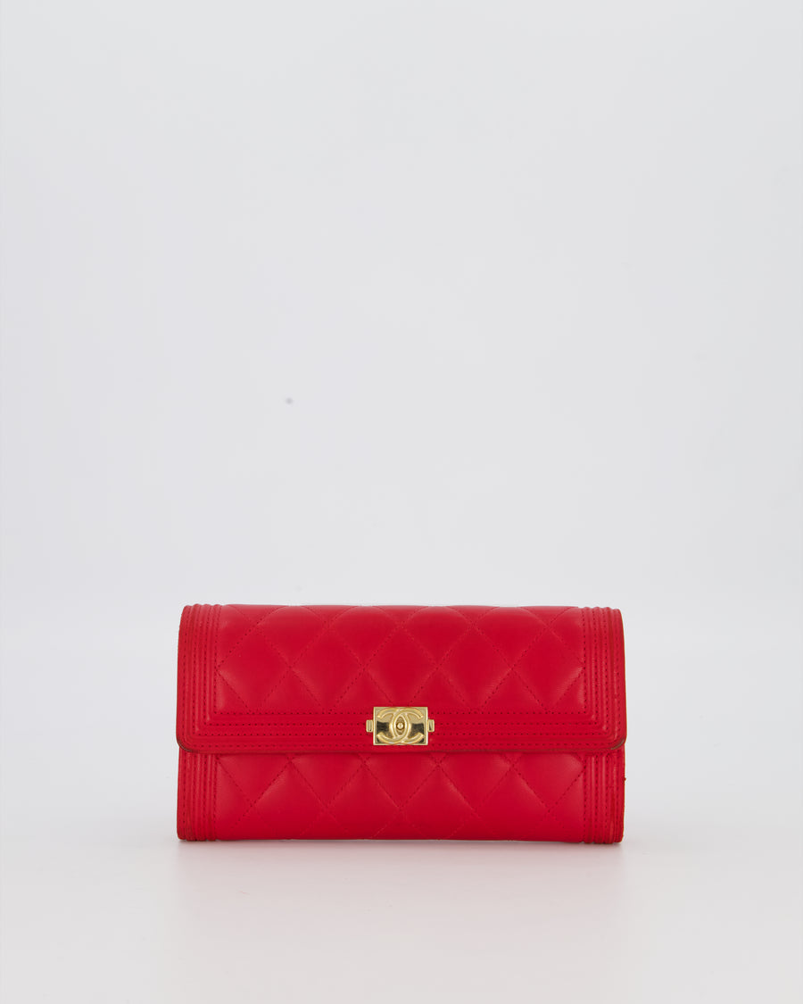 Chanel Red Boy Long Wallet In Lambskin Leather with Gold Hardware