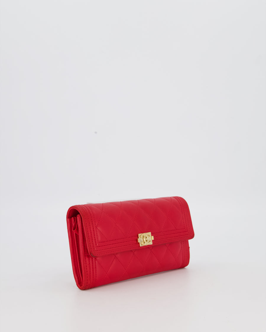 Chanel Red Boy Long Wallet In Lambskin Leather with Gold Hardware