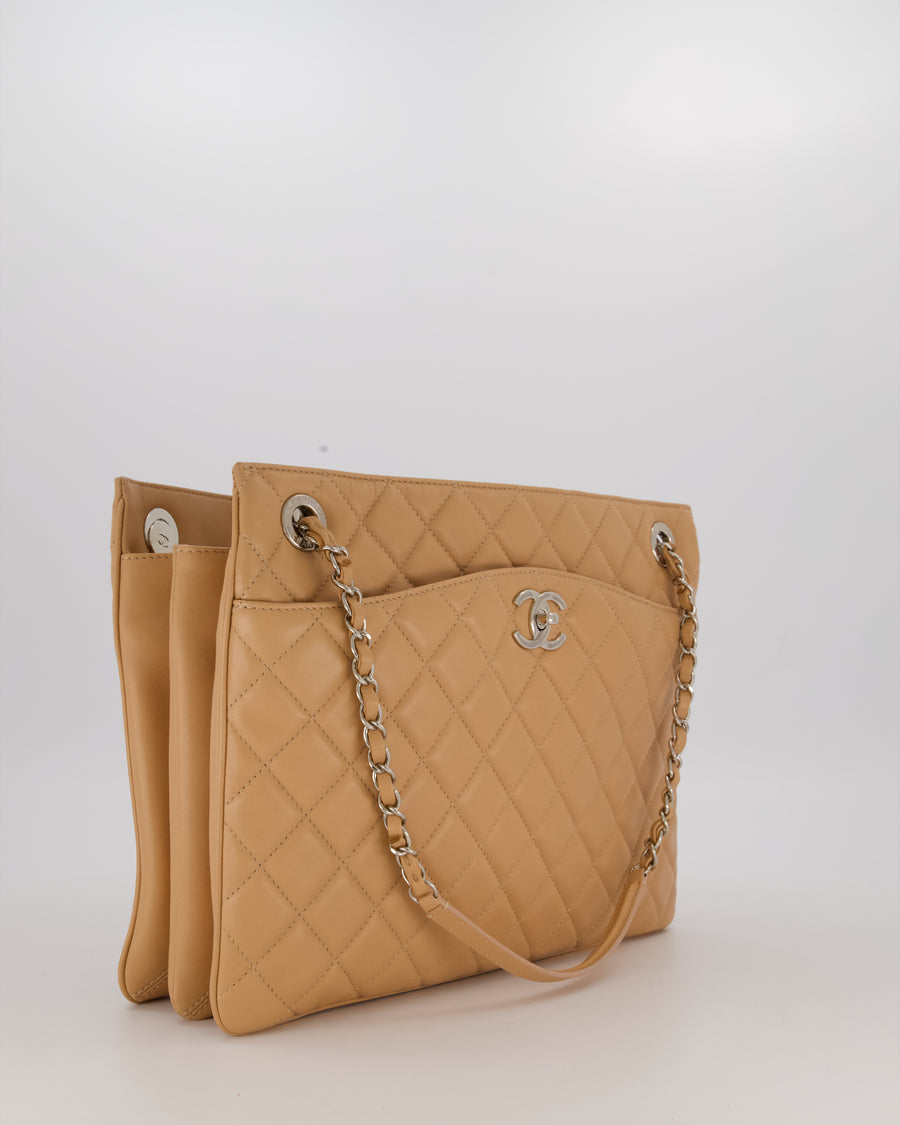 Chanel Beige Quilted In-The-Business Lambskin Flap Bag with Silver Hardware
