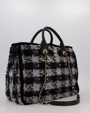 Chanel 25N Grey and Black Tweed Shopping Totte Bag With Champagne Hardware and Leather Handle