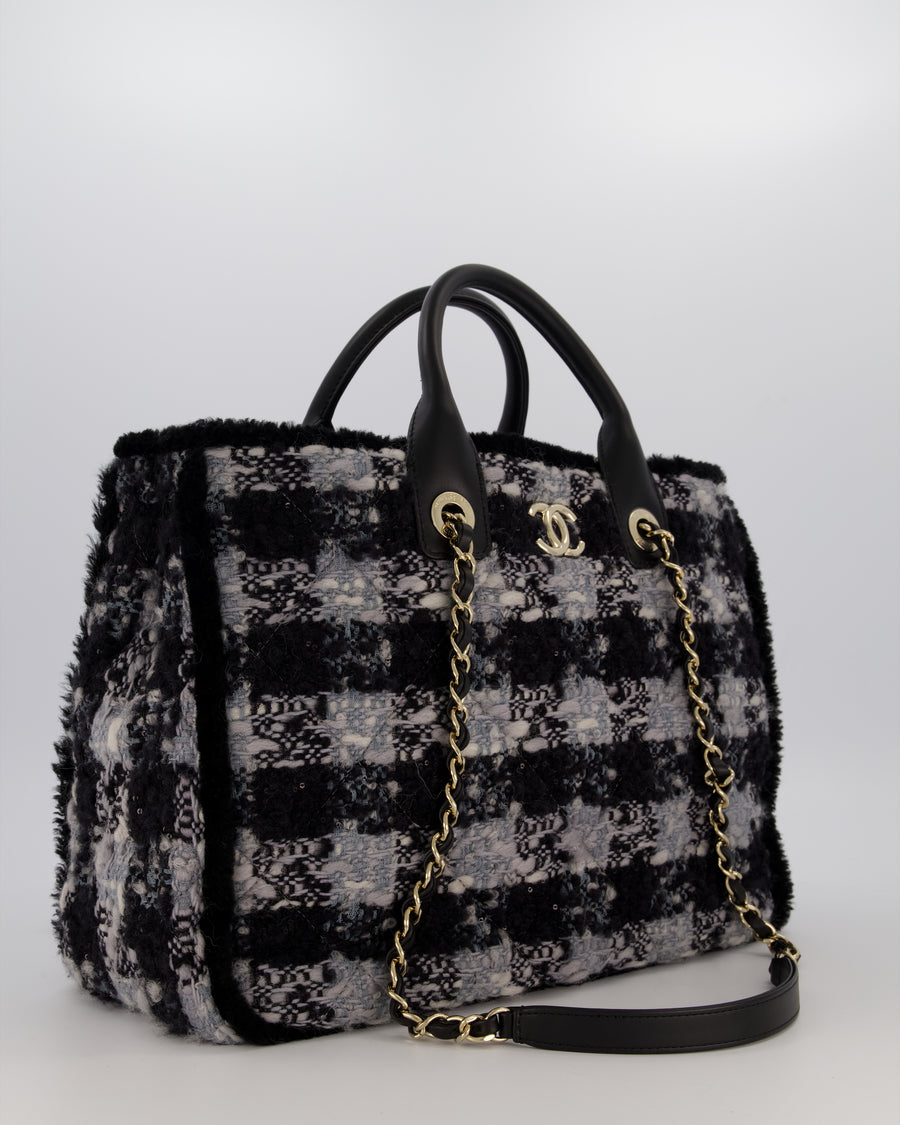 Chanel 25N Grey and Black Tweed Shopping Totte Bag With Champagne Hardware and Leather Handle