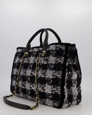 Chanel 25N Grey and Black Tweed Shopping Totte Bag With Champagne Hardware and Leather Handle
