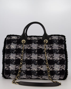 Chanel 25N Grey and Black Tweed Shopping Totte Bag With Champagne Hardware and Leather Handle