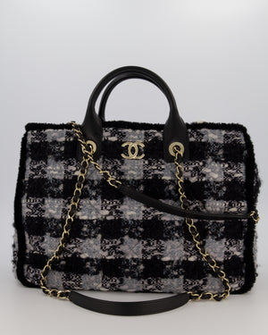 Chanel 25N Grey and Black Tweed Shopping Totte Bag With Champagne Hardware and Leather Handle