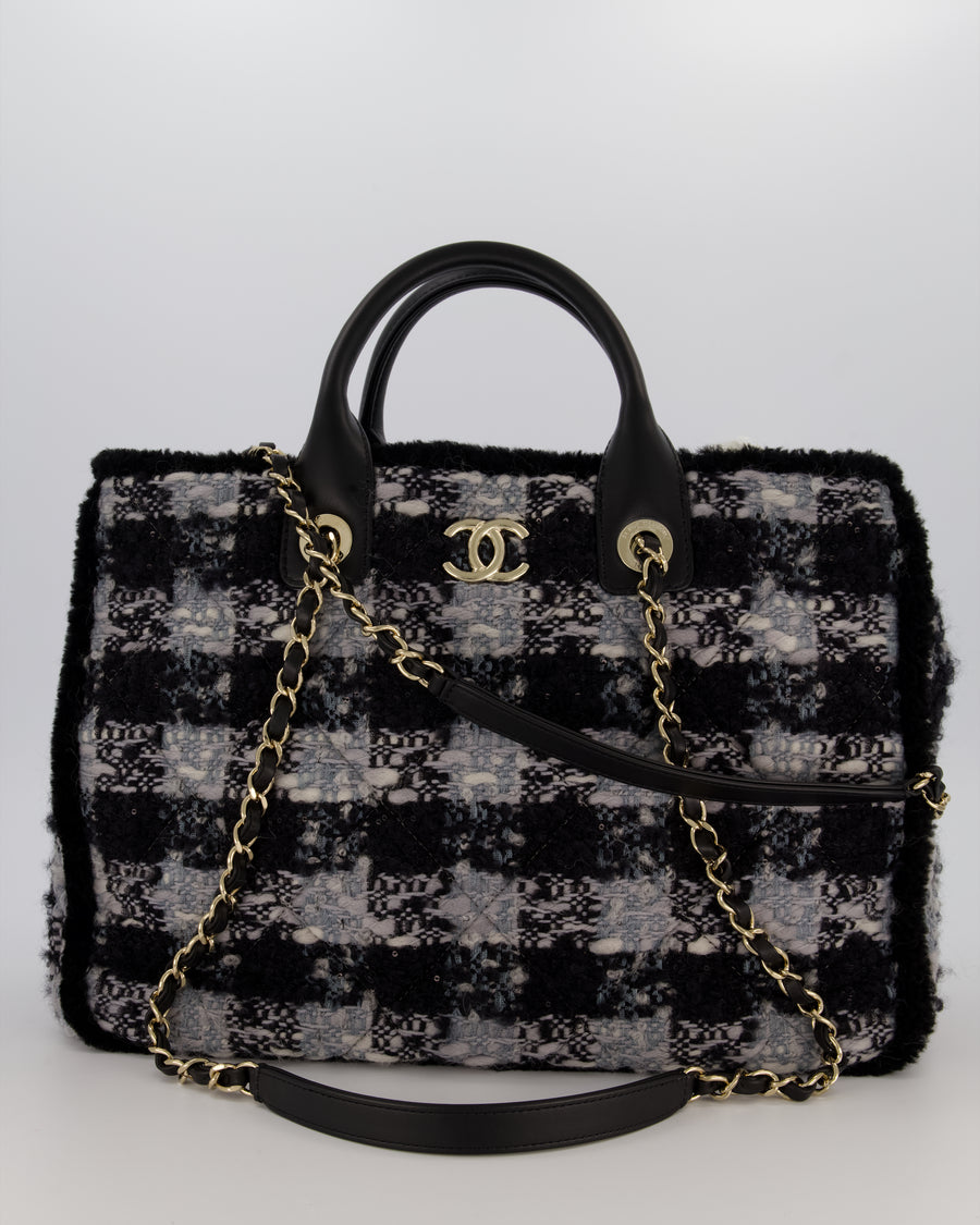 Chanel 25N Grey and Black Tweed Shopping Totte Bag With Champagne Hardware and Leather Handle
