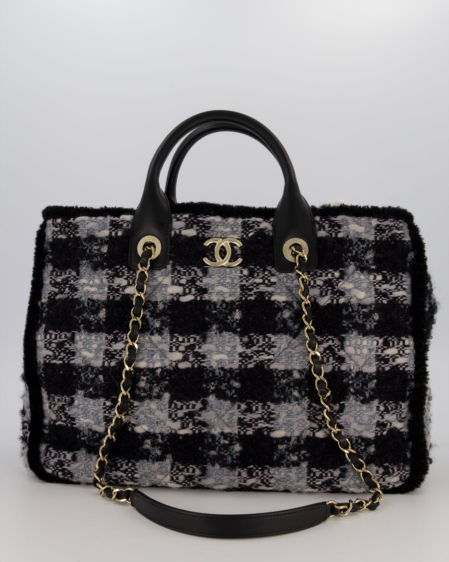 Chanel 25N Grey and Black Tweed Shopping Totte Bag With Champagne Hardware and Leather Handle