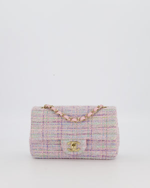 Chanel Lilac, Blue and Green Tweed Mini Rectangular Single Flap Bag with Gold Hardware