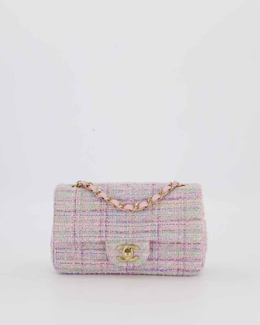 Chanel Lilac, Blue and Green Tweed Mini Rectangular Single Flap Bag with Gold Hardware