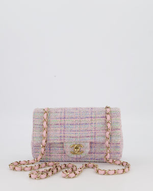 Chanel Lilac, Blue and Green Tweed Mini Rectangular Single Flap Bag with Gold Hardware