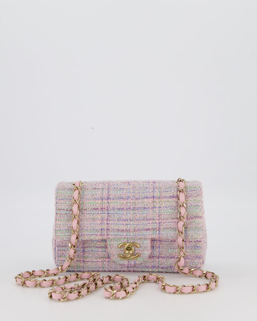 Chanel Lilac, Blue and Green Tweed Mini Rectangular Single Flap Bag with Gold Hardware