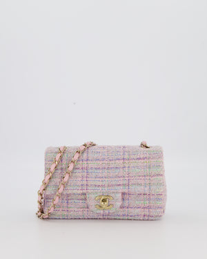 Chanel Lilac, Blue and Green Tweed Mini Rectangular Single Flap Bag with Gold Hardware