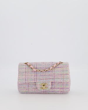 Chanel Lilac, Blue and Green Tweed Mini Rectangular Single Flap Bag with Gold Hardware