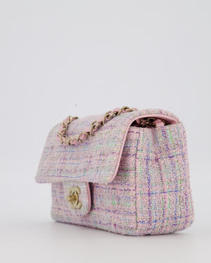 Chanel Lilac, Blue and Green Tweed Mini Rectangular Single Flap Bag with Gold Hardware