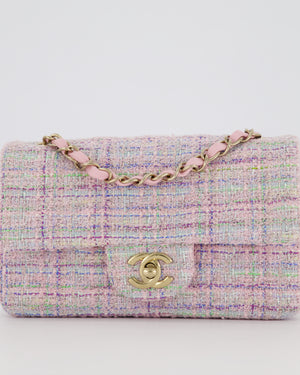 Chanel Lilac, Blue and Green Tweed Mini Rectangular Single Flap Bag with Gold Hardware