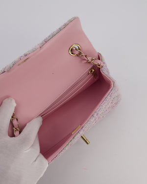 Chanel Lilac, Blue and Green Tweed Mini Rectangular Single Flap Bag with Gold Hardware