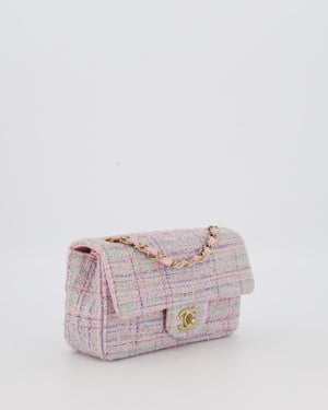 Chanel Lilac, Blue and Green Tweed Mini Rectangular Single Flap Bag with Gold Hardware